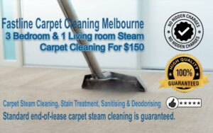 Steam Cleaning a Cream-Colored Carpet with a Metal Tool How Much Does Carpet Cleaning Cost? For a three-bedroom home and living area, the cost is $150.